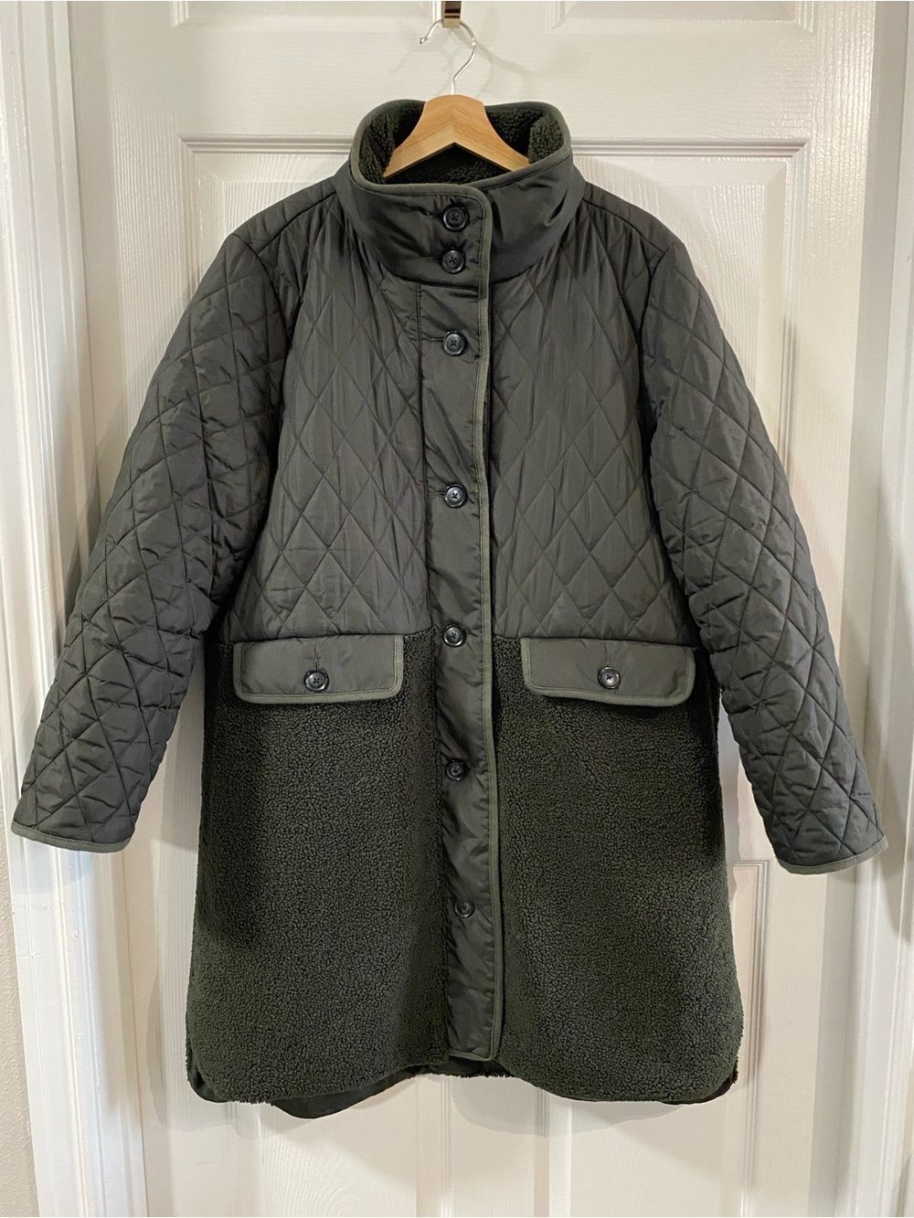 LOFT Olive Green Quilted Sherpa Midi Length Jacket XL Preppy Old Money Career